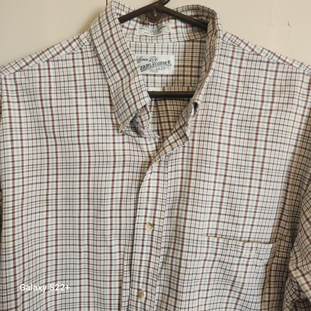 M12 Vintage Sears Roebuck & Co Button-Down Shirt Brown & Green Plaid Long Sleeve